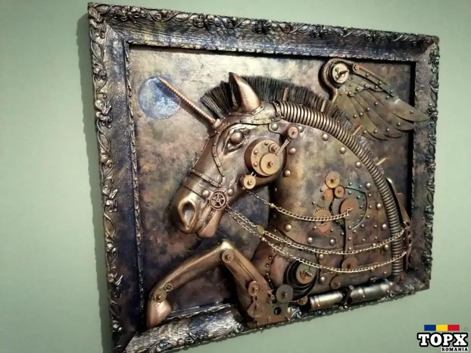 Pegas sculptură steampunk unicorn, inorog tablou 3d unicat
