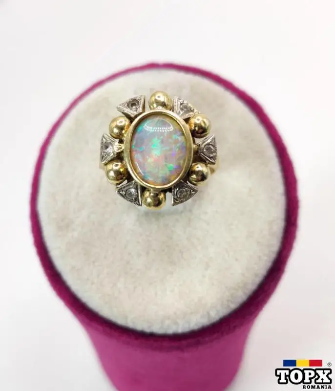 Inel din Aur de 14K cu Opal Natural și Diamante