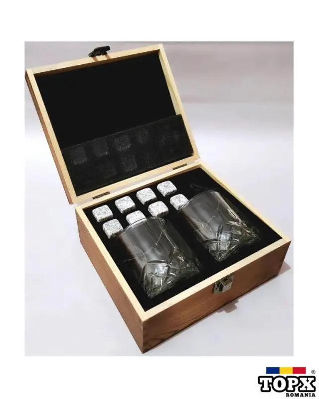Set 2 pahare Whisky, 8 cuburi de racire din Granit - NOU