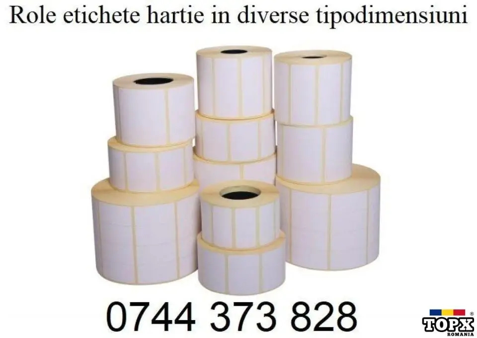 Role de etichete autoadeziva B2B termice si direct termice in diverse tipodimensiuni.