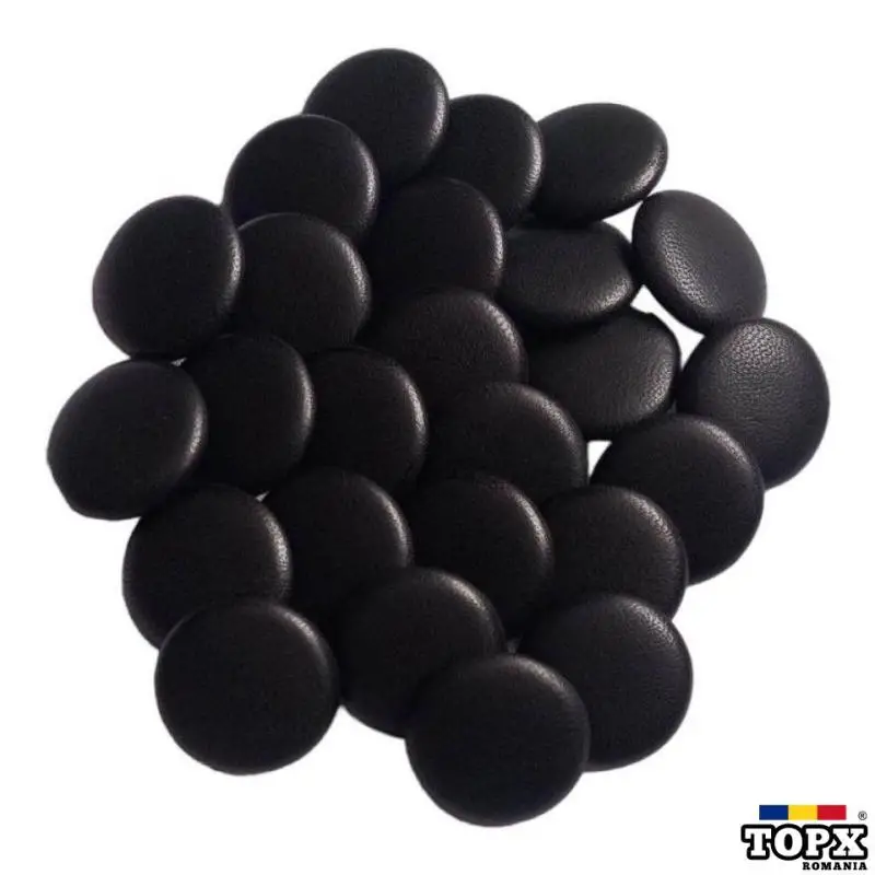 Set 25 nasturi metalici cu picior rotunzi, imbracati in piele naturala negru 2.5 cm marimea 40