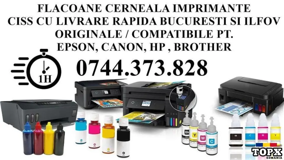 Rapid livram flacoane cerneală Epson, Canon, Hp, Brother pentru imprimante inktank.