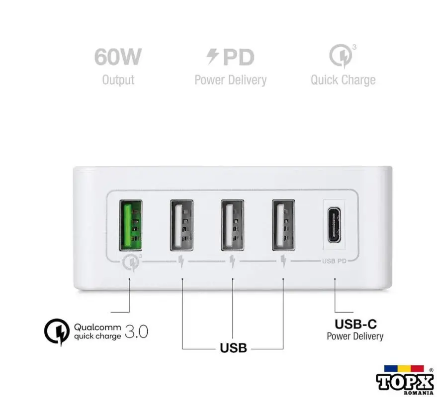 Stație de încărcare 5 porturi cu Type-c PD + QC 3.0 + 3 USB, 60W Max