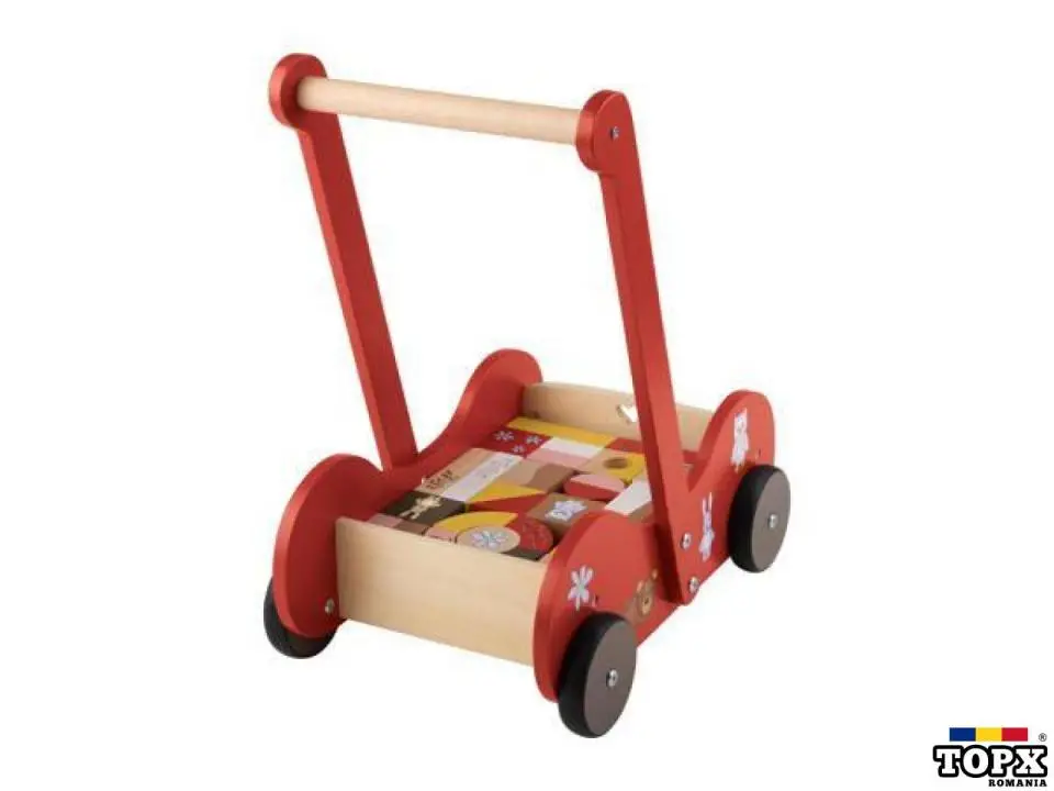 Antemergator si carucior pentru cuburi din lemn 2 in 1 pentru copii - NOU