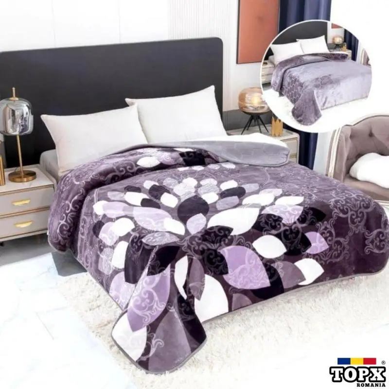 Pătură Cocolino cu 2 Fețe, Gofrată, Model 3D, Gri/Lila, 200×240 cm