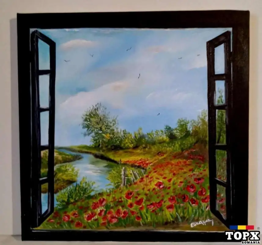 Tabloul "Privind frumusetea naturii de la fereastra", pictura in ulei pe panza