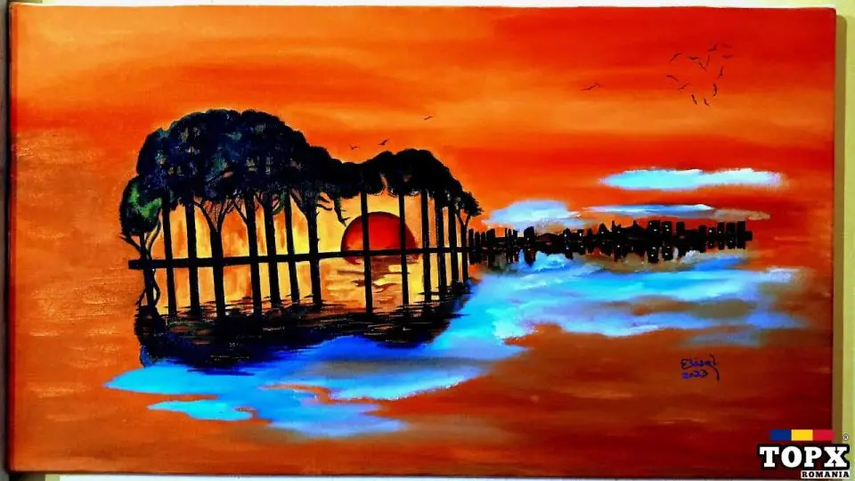 Tabloul "Pe acorduri fine de chitara, natura intr-un apus de soare ,pictura in ulei pe panza