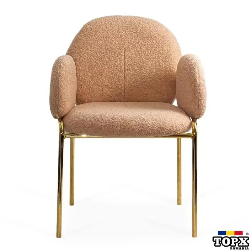 Scaune dining din material boucle pe cadru metalic auriu