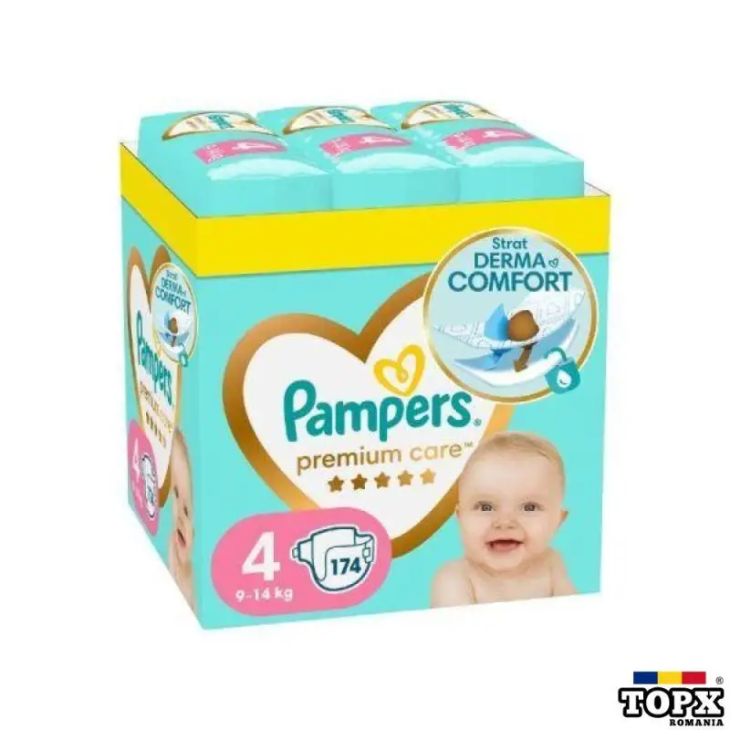 Scutece Premium Care, marimea 4, 9-14kg, 174 bucati, Pampers
