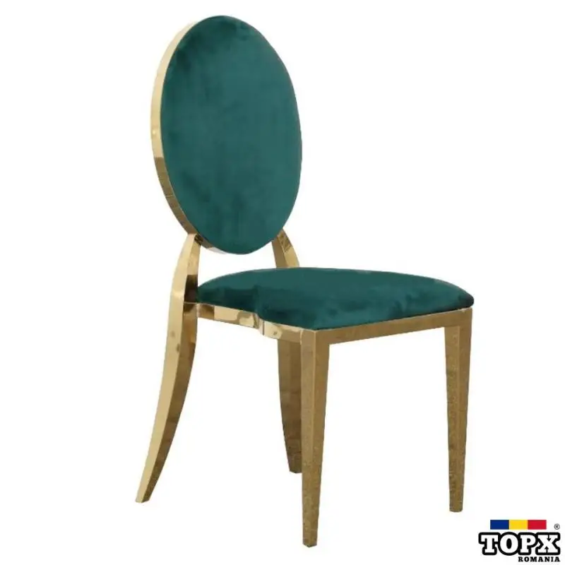 Scaun lux tapițat catifea verde, oțel inoxidabil, cadru auriu