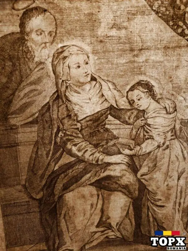 Gravură antică Sf. Ana – Antonio Cortesi, sec. 16-17, ramă vintage aurie!