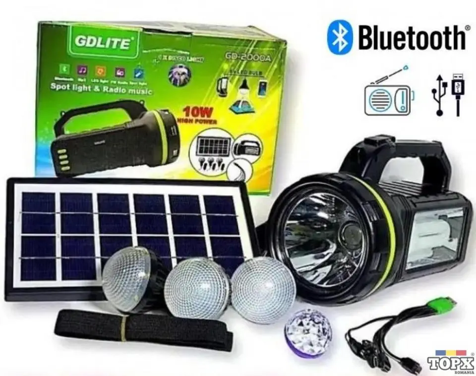 Kit solar, Lanterna 10W LED + 3xBec + Panou, Boxa Bluetooth, PowerBank 9000mAh, GD-2000A
