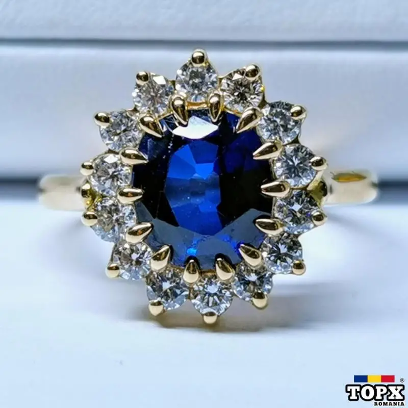Inel Logodna Aur Galben 18k cu Safir Natural de Ceylon Albastru Intens 2.52ct si Halo de Diamante AE