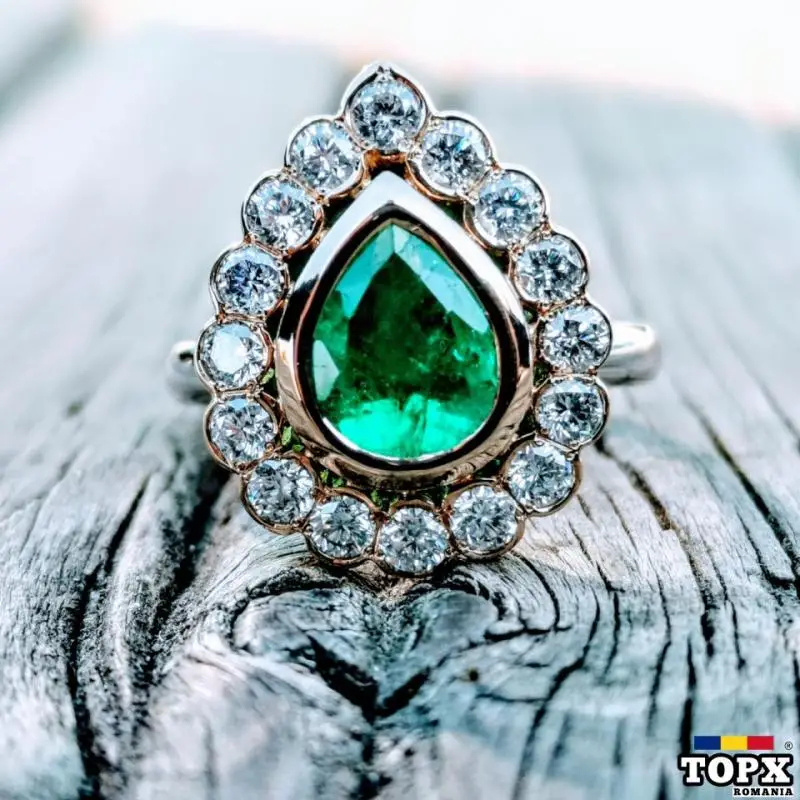 Inel Logodna "Lacrima de Smarald" Aur 18k si Platina 950