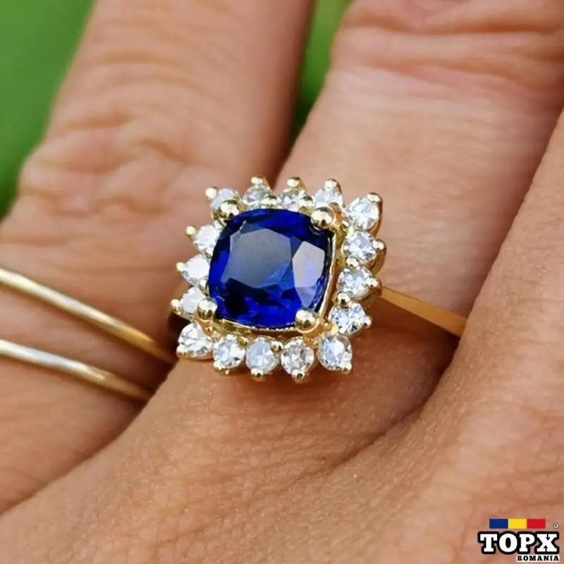 Inel Logodna "Amore Blu" Aur 18k cu Safir Cushion cut si Diamante - 4