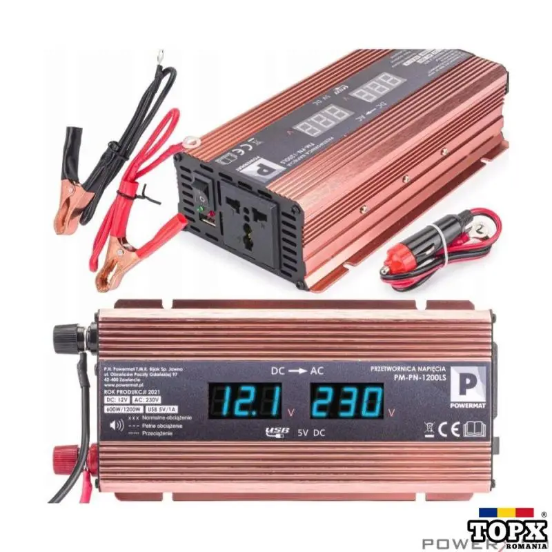 Convertor de tensiune auto  Invertor tensiune LCD 12V 1200W Powermat