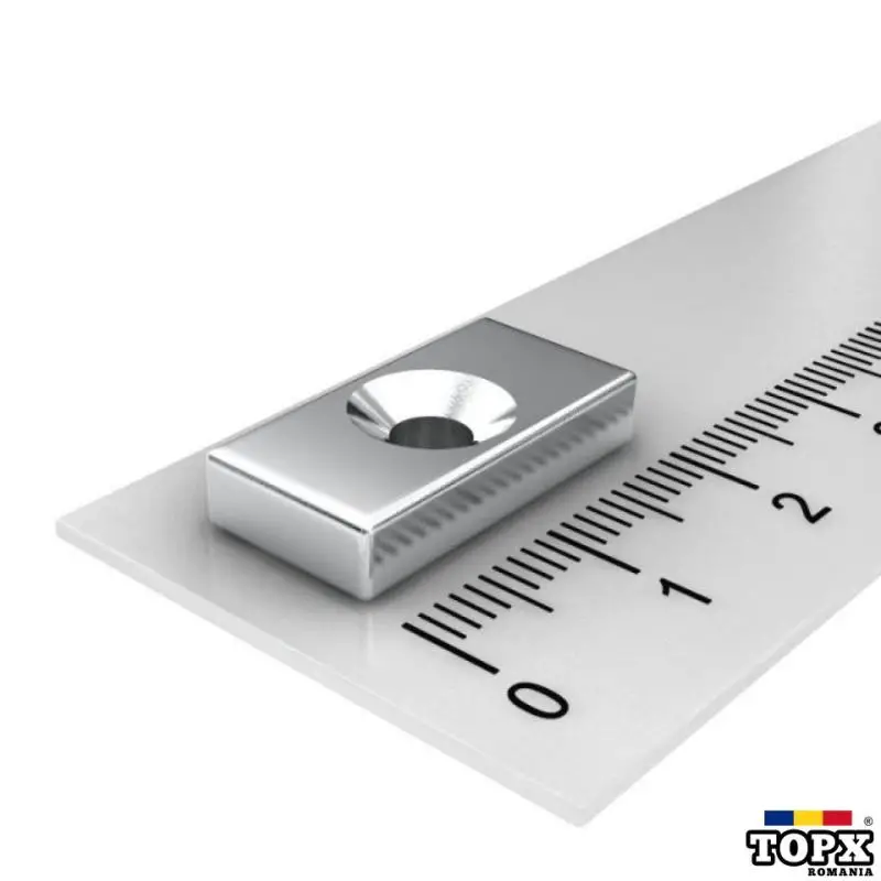 Magnet puternic neodim bloc 20 mm x 10 mm x 3 mm cu gaura de sustinere