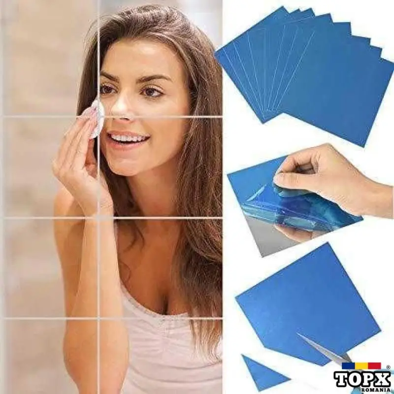 Set Folii Auto-Adezive Design Patrat Silver Oglinzi sticker 16 buc/set