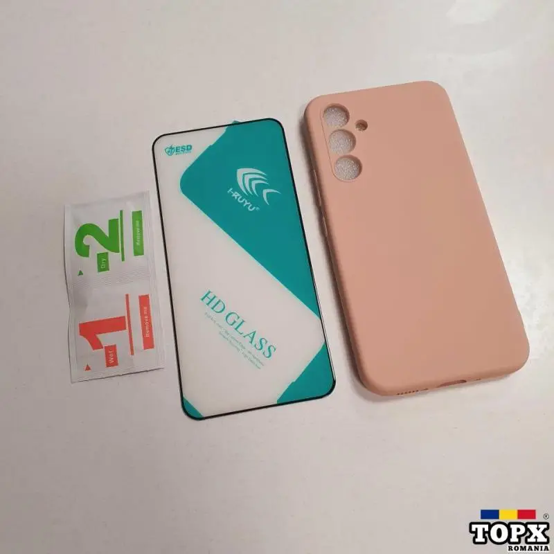 Set - Samsung A54 5G - Husa interior catifelat + Folie Sticla -Roz Nud