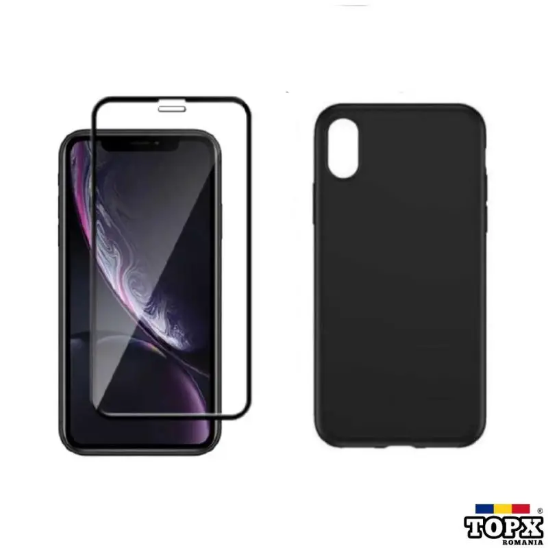 Set iphone XR - Folie Sticla Full + Husa Slim Silicon Negru.
