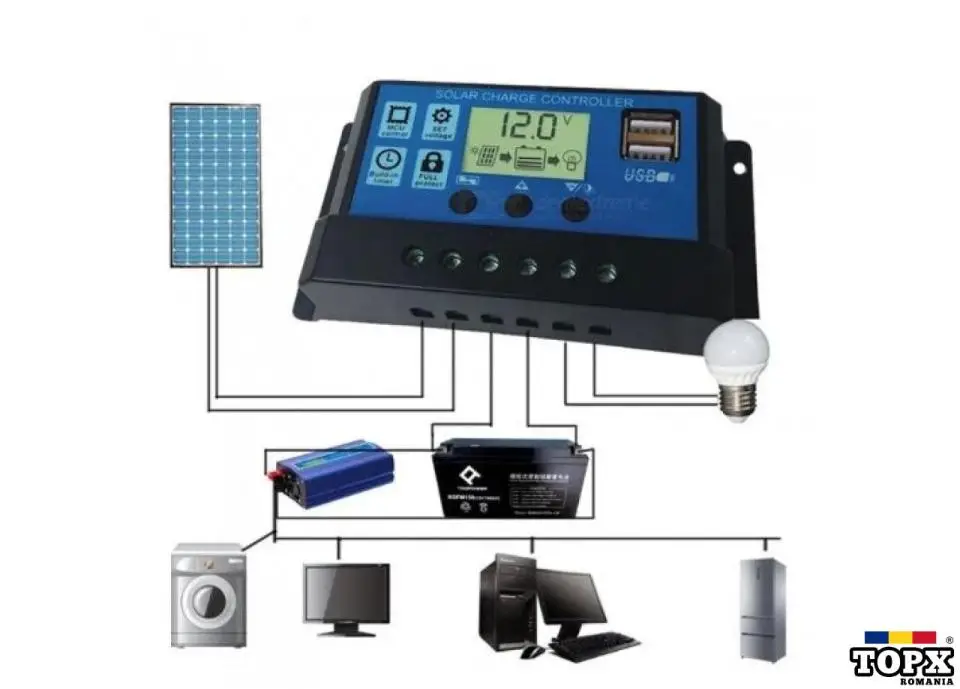 Controler incarcare solara 10A 20A 30A 60A PWM LCD si USB Controller