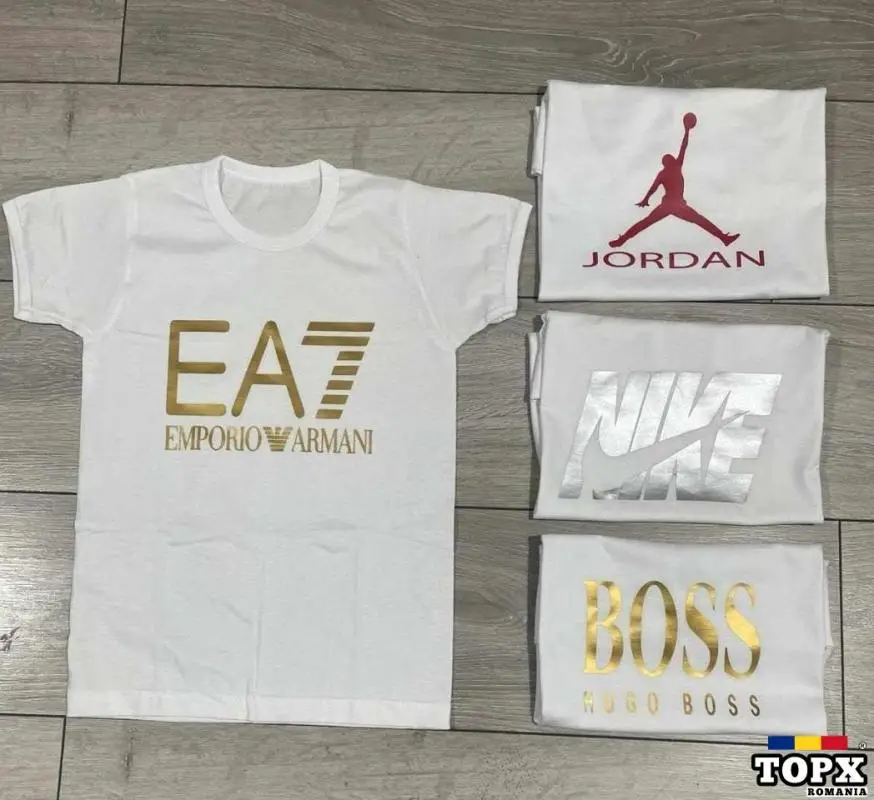 Set 4 tricouri de băieți și fetite bumbac cu lycra sigla imprimata