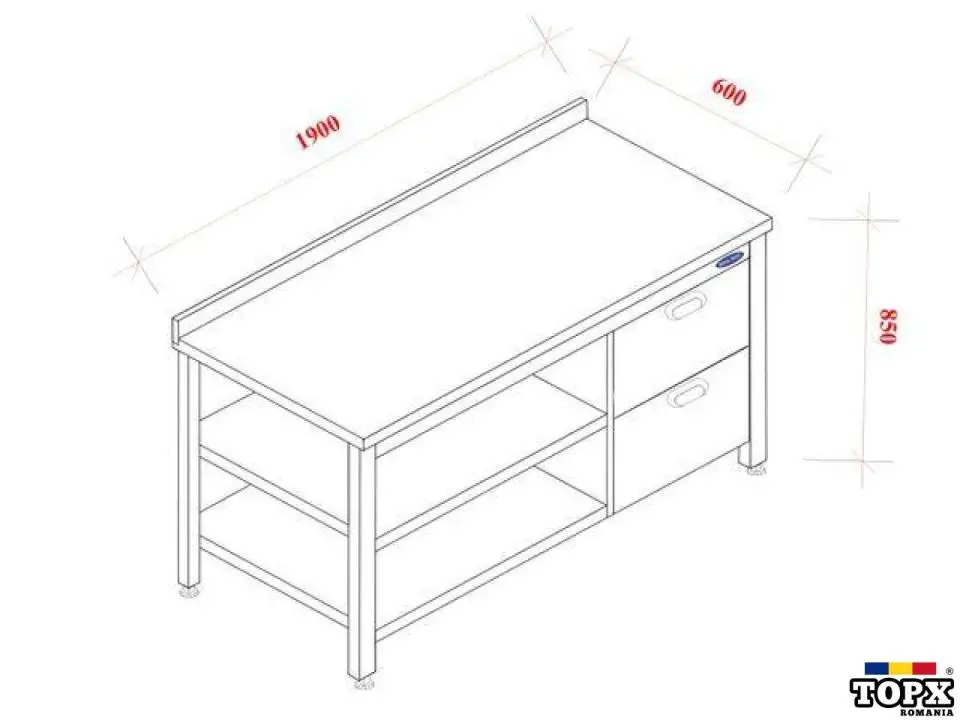 Masa inox cu 2 sertare si 2 polite, Ideal Inox, 1900x600x850, AISI 304