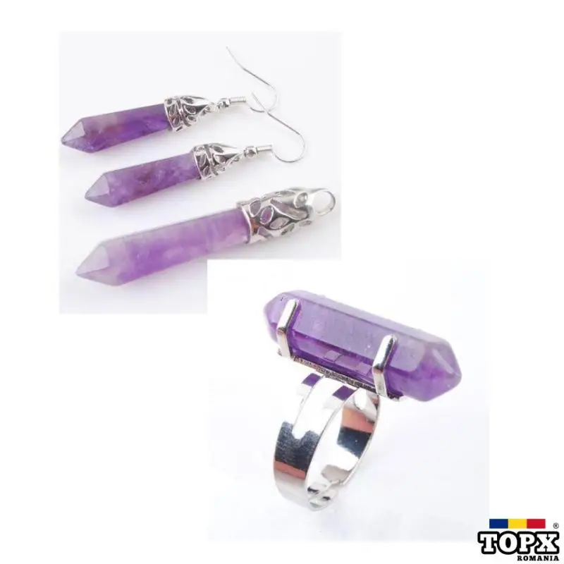 Cercei inel si pandantiv din ametist hexagonali