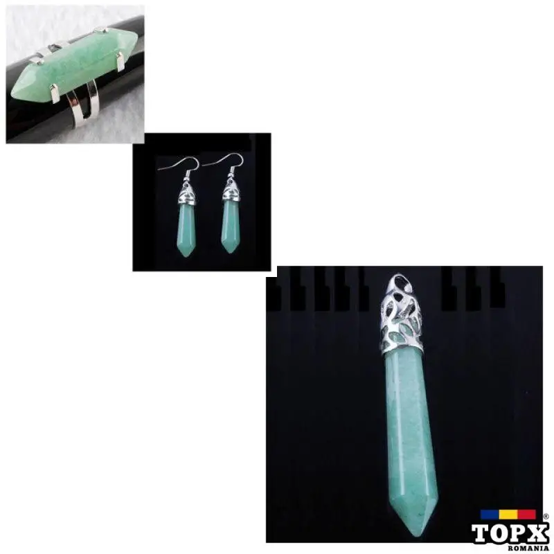 Pandantiv cercei si inel de aventurin hexagonale